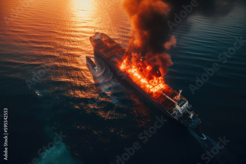 Aerial image of a burning oil tanker ship. Generative AI