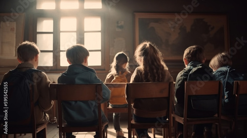 Back view of schoolchildren sitting in classroom. Generative Ai