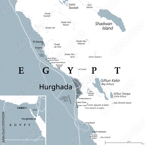 Hurghada and vicinity, Egypt, gray political map. City area in the Red Sea Governorate of Egypt, and one of the main tourist centres of the country, located on the Red Sea coast with numerous resorts. photo