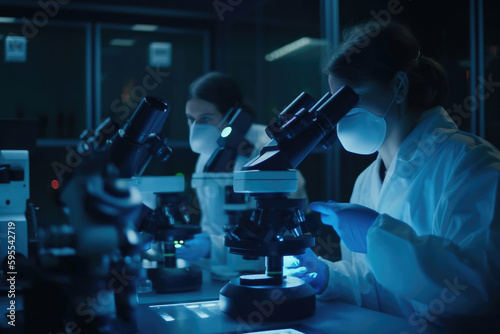 Team of scientists with microscopes working in laboratory. Generative AI
