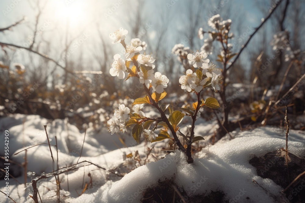 Spring blossoms grow out of snow with sunflare heralding beginning of spring. Generative AI