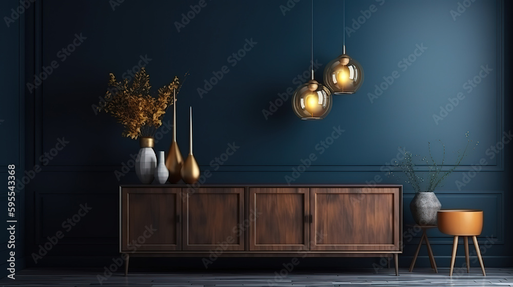 Commode with decor in living room interior, dark blue wall mock up background. Generative Ai