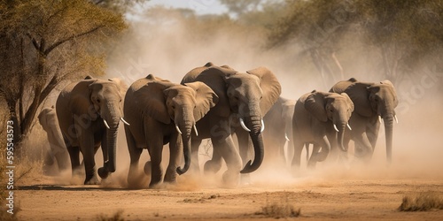 A group of elephants walking through the savanna, kicking up dust, concept of Wildlife Migration, created with Generative AI technology © koldunova