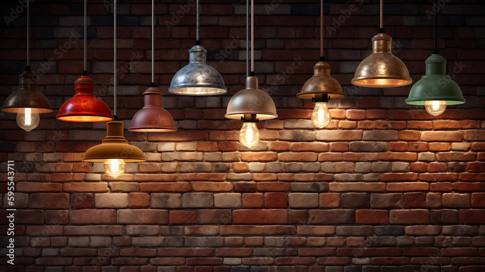 Obraz premium Vintage light bulbs on brick wall background. Generative Ai