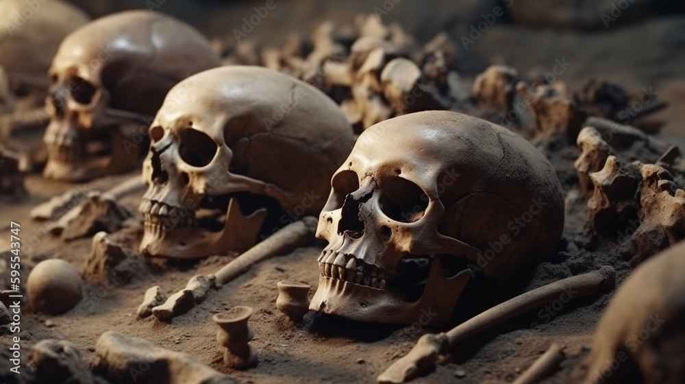 Skulls and bones at the archaeological site. Generative Ai Skulls and bones at the archaeological site. Generative Ai