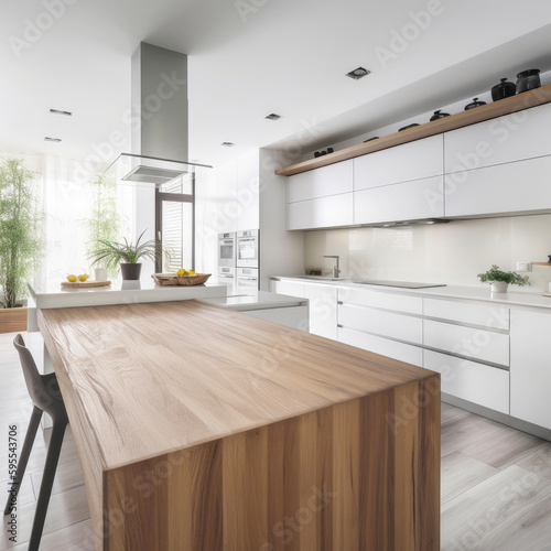 Kitchen island countertop on blurred modern white and wooden kitchen interior. Generative AI
