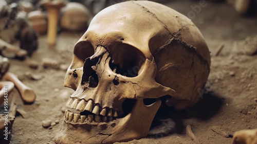 Skulls and bones at the archaeological site. Generative Ai