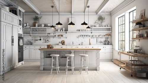 Fototapeta Naklejka Na Ścianę i Meble -  White cozy farmhouse kitchen interior background, 3d render. Generative Ai