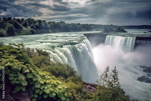 Niagara Falls Splendor  Canadian Side  Powerful Cascade  Lush Greenery  Stunning Landscape  Captivating Beauty  Generative AI