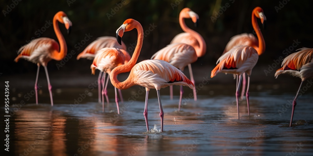 A group of flamingos wading through a shallow lagoon, concept of Avian behavior, created with Generative AI technology A group of flamingos wading through a shallow lagoon, concept of Avian behavior, created with Generative AI technology