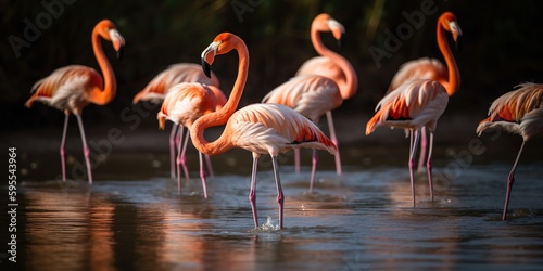 A group of flamingos wading through a shallow lagoon, concept of Avian behavior, created with Generative AI technology