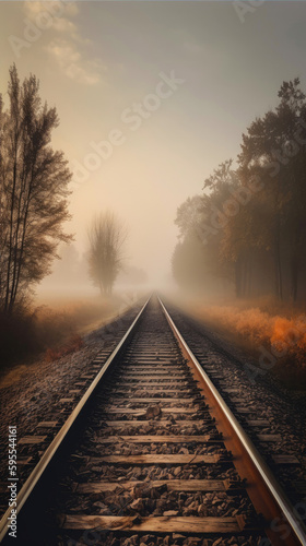 Railroad tracks in misty morning. Generative AI
