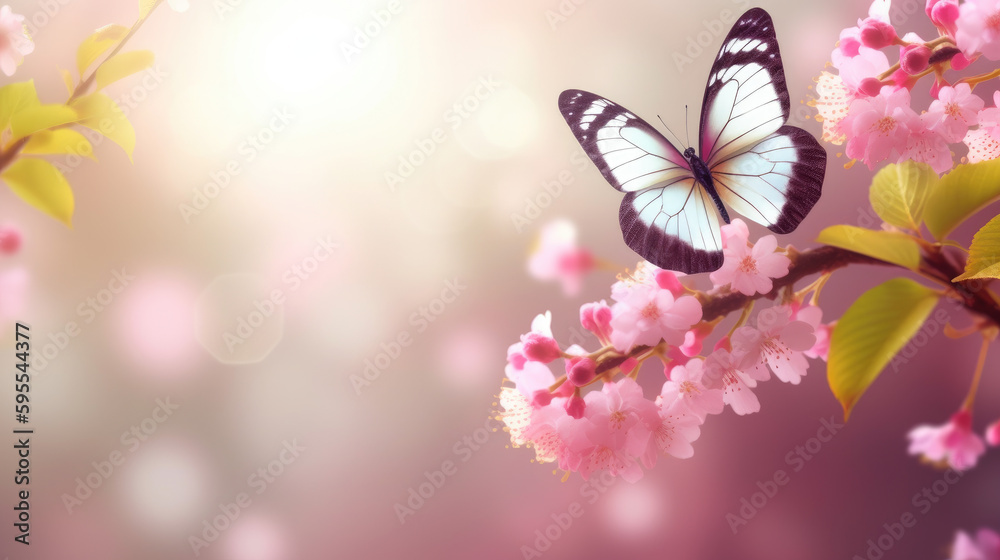 Spring background art with pink blossom and fly butterfly. Beautiful nature scene with blooming tree and sun flare Spring background art with pink blossom and fly butterfly. Beautiful nature scene with blooming tree and sun flare