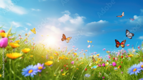 Art Beautiful blurred spring background nature with blooming glade, butterfly and blue sky on a sunny day