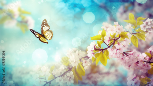 Art Beautiful blurred spring background nature with blooming glade, butterfly and blue sky on a sunny day