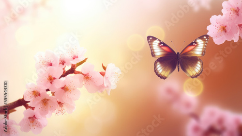 Spring background art with pink blossom and fly butterfly. Beautiful nature scene with blooming tree and sun flare