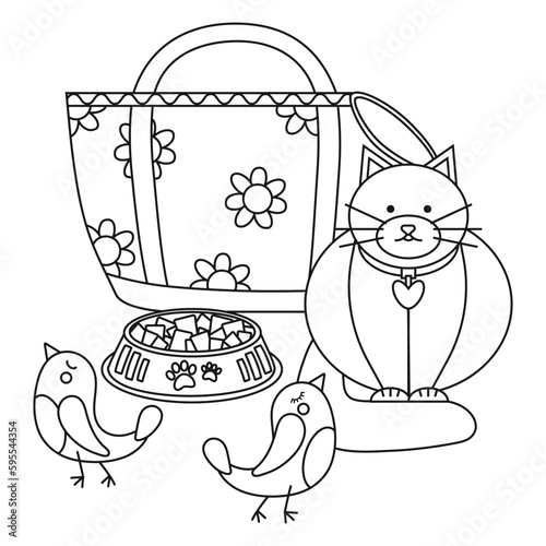 Set of elements for animals, cats, dogs, bag, carrier, birds with a cat and a plate with food, fodder.