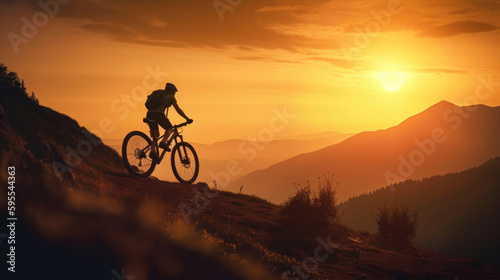 Silhouette of a mountain biker enjoying downhill during the sunset. Generative AI © AIproduction