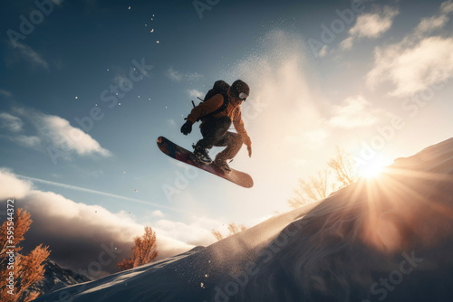 Snowboarder jumping. Generative AI © AIproduction