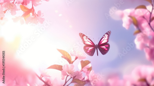 Spring background art with pink blossom and fly butterfly. Beautiful nature scene with blooming tree and sun flare © AUM