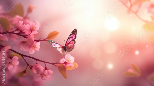 Spring background art with pink blossom and fly butterfly. Beautiful nature scene with blooming tree and sun flare