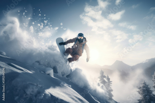 Snowboarder jumping in the air. Generative AI