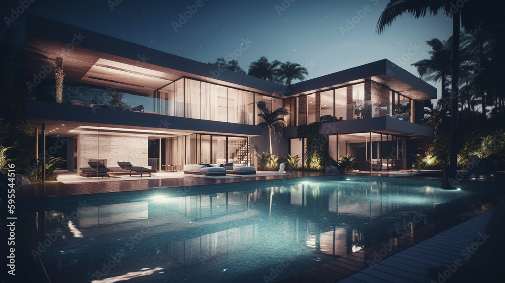 Fototapeta premium Modern cozy house with pool. Generative Ai
