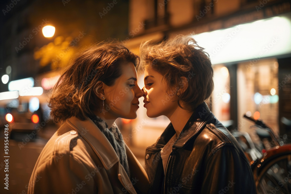 Close up portrait of two lesbian women kissing. Generative AI
