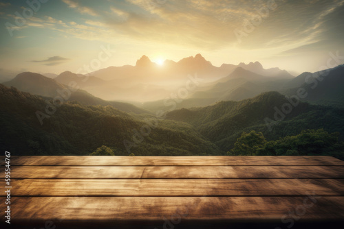 Sunrise in the mountains and empty wooden deck table. Ready for product montage display. Generative AI