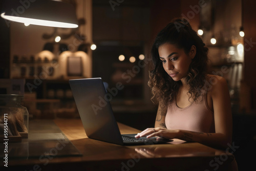Young and Beautiful Latina Coffee Shop Owner is Working on Laptop Computer and Checking Inventory in a Cozy Cafe. Generative AI