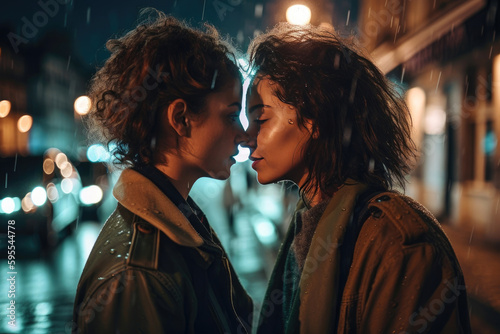 Young lesbian couple kissing in the street. Generative AI