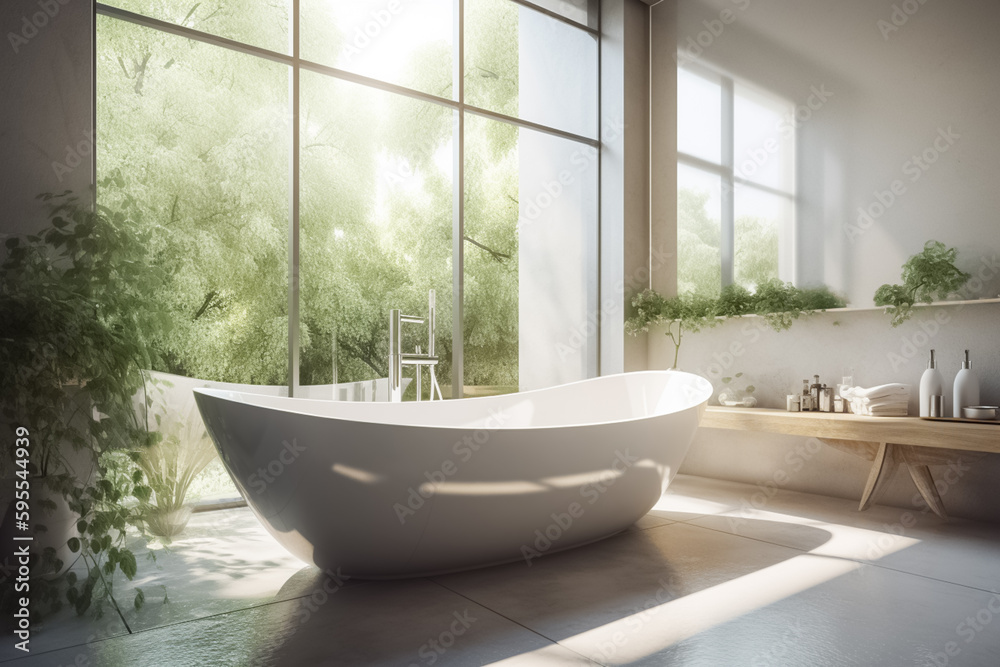Stylish bathroom interior in modern eco-friendly style with a bathtub and a large window. Spacious bathroom in bright colors with a large window overlooking a beautiful green garden. Generative AI Stylish bathroom interior in modern eco-friendly style with a bathtub and a large window. Spacious bathroom in bright colors with a large window overlooking a beautiful green garden. Generative AI