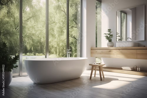 Stylish bathroom interior in modern eco-friendly style with a bathtub and a large window. Spacious bathroom in bright colors with a large window overlooking a beautiful green garden. Generative AI