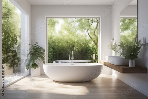 Stylish bathroom interior in modern eco-friendly style with a bathtub and a large window. Spacious bathroom in bright colors with a large window overlooking a beautiful green garden. Generative AI © artsterdam