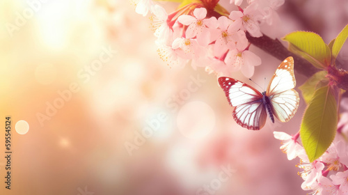 Spring background with pink blossom and fly butterfly