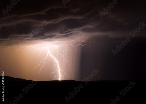 Powerful lightning flash illuminates the night sky during a thunderstorm, shallow depth of field, Illustrative Generative AI