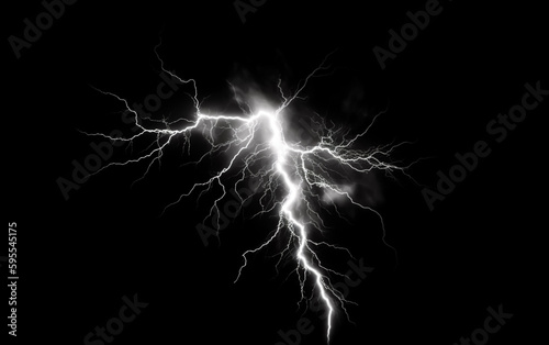 Lightning bolts isolated on black, capturing nature's force, shallow depth of field, Illustrative Generative AI