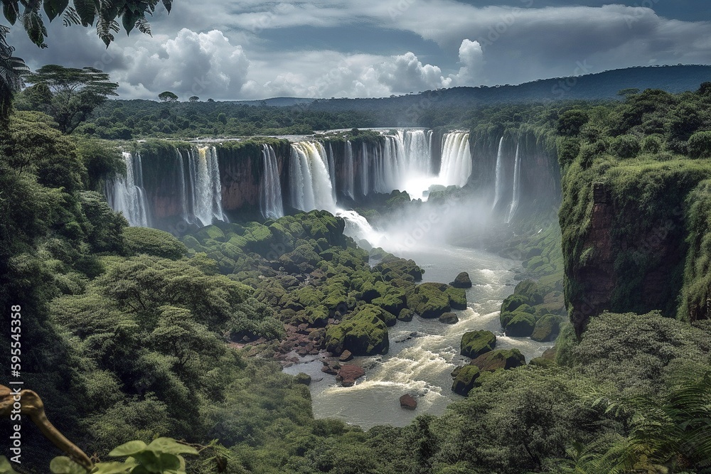 Fototapeta premium Iguazu Falls Grandeur: World's Largest, Argentina-Brazil Border, Awe-Inspiring Wonder, Spectacular Scenery, Generative AI