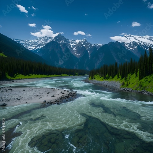 river with mountains all around - AI generated