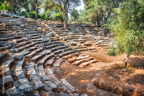 Ruins of ancient amphitheater on Cleopatra Island, Sedir Island, Aegean Sea, Marmaris, Turkey