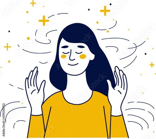 Happy woman meditating in the style of strong linear elements illustration, navy and yellow color.