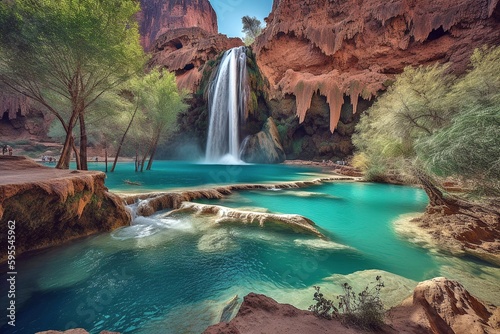 Havasu Falls, Havasupai Indian Reservation, Arizona, USA, Turquoise Waters, Red Rocks, Natural Beauty.