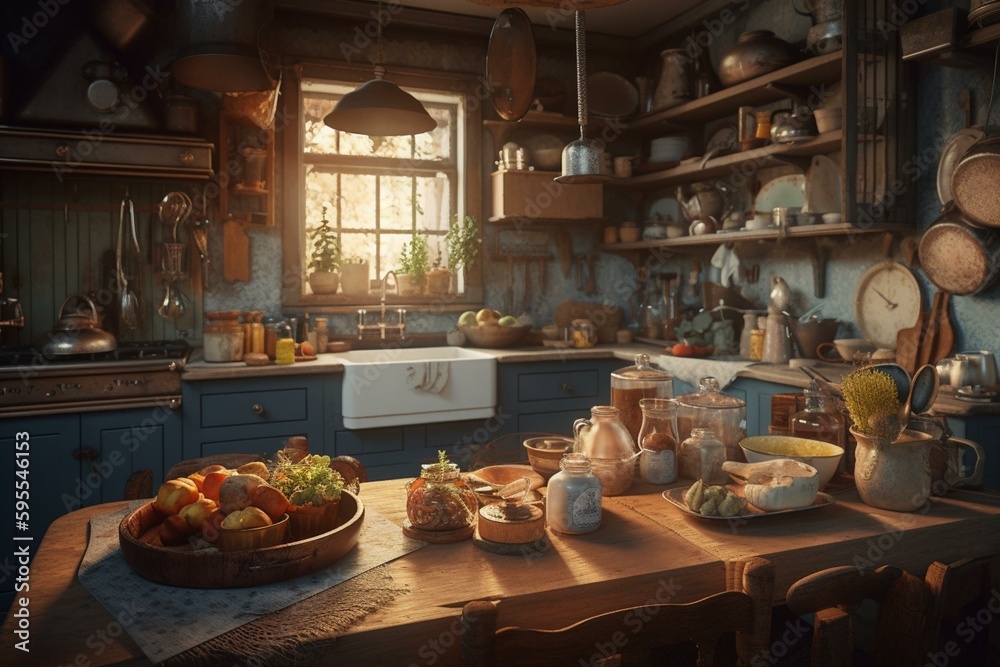 A vintage country-style kitchen with antique kitchenware. 3D. Generative AI