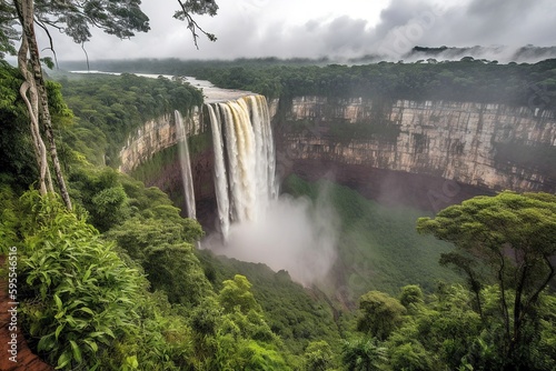 Kaieteur Falls Majesty  Top View  Powerful Cascade  Lush Rainforest  Misty Ambiance  Breathtaking Nature  Generative AI