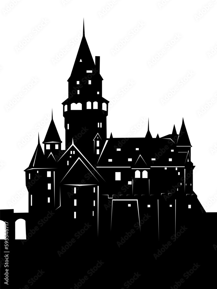 black and white vector illustration depicting an old castle for prints on postcards, banners, walls, and for decoration in vintage style