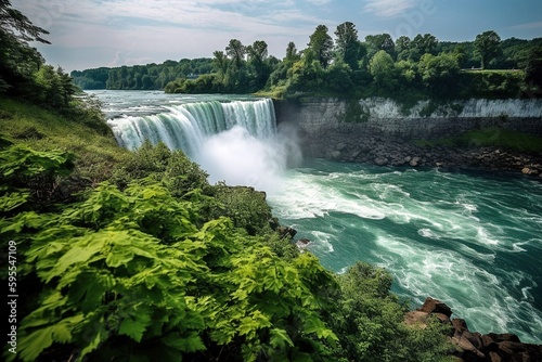 Niagara Falls Splendor  Canadian Side  Powerful Cascade  Lush Greenery  Stunning Landscape  Captivating Beauty  Generative AI