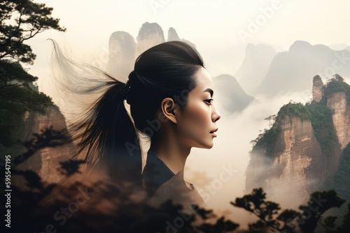 Double exposure face of Asian woman with Zhang jia jie mountain. distinct generative AI image. photo