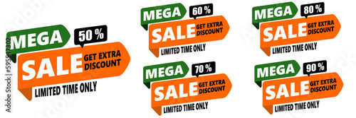 percent mega sale label icon on collection set. green, orange and black vector banner template. 50%, 60%, 70%, 80%, 90%.