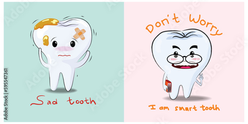 Set of tooth icon character  happy healthy in flat design vector illustration. Dental elements concept.