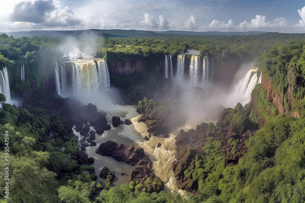 Iguazu Falls Grandeur: World's Largest, Argentina-Brazil Border, Awe-Inspiring Wonder, Spectacular Scenery, Generative AI